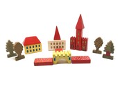 Vintage German Dusyma Toy Blocks, Village, Putz, Wood, Building, 16 Pieces,Trees, c1960