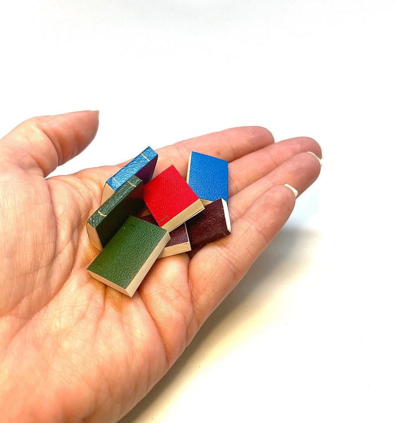 May include: A collection of six small, bound books in various colors including green, blue, red, and brown. The books are arranged in a pile.