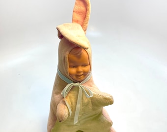 Antique Straw Stuffed Easter Bunny with Celluloid Baby Face, Rabbit, Easter, Pink and White Flannel Body, 1940s Era, Toy Decor
