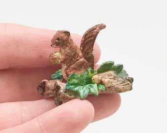 Artisan Dollhouse Clay Sculpture, Squirrel, Woodland, Wildlife, Nuts and Leaves, Miniature, Art, Fall Decor, Signed Emily Phelps, 1:12,'82