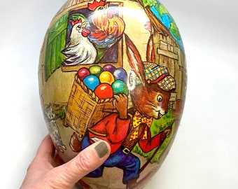 Vintage Papier-Mâché Easter Egg, XXXL 10"x 6" Handmade in Germany, Bunnys, Illustration, 1960