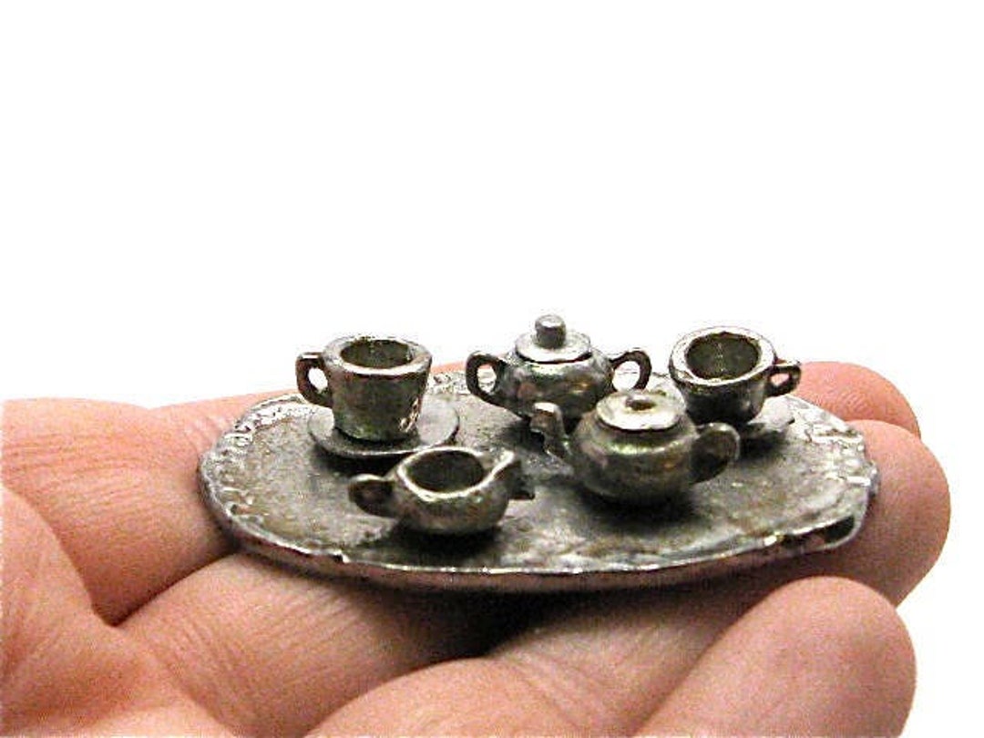 Vintage Shackman Dollhouse Childs Tea Set, Silver, Miniature, Kitchen