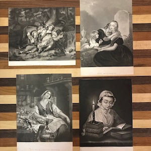 May include: Four black and white illustrations depicting scenes from classic literature. The first image shows two children sitting under a tree. The second image shows a woman comforting a child at a grave. The third image shows a woman sitting in a kitchen with a large pot. The fourth image shows a woman reading a book by candlelight.