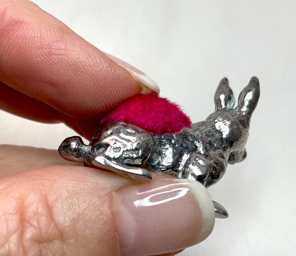 Silver Rabbit Pin Sterling Silver Rabbit Pin Cushion, Red Velvet, Miniature, Sewing ...