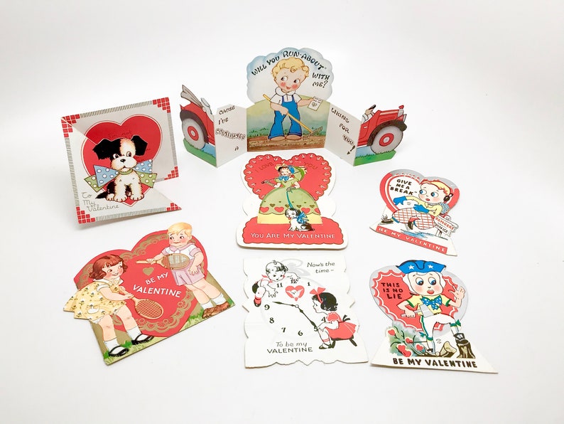 Lithograph Paper Scraps 7 Greeting Cards Dye-Cut c1940/'s Scrapbook Vintage Valentines Embossed Ephemera