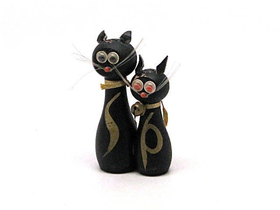 MCM Salt and Pepper Shaker Set Gatos Kitsch Wooden Googly Etsy España
