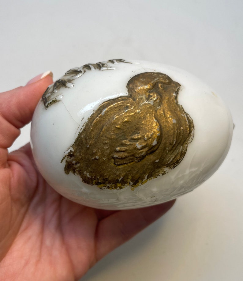 Victorian Milk Glass Easter Egg with Repoussé Chick and Words, Hand Blown, Easter Decor, 1910 image 3