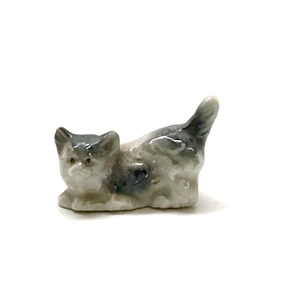 Antique Miniature Cat Figurine, Grey, Long Haired, Kitten, Porcelain, Animal, Pet, Putz, Dollhouse, Germany, 1930, #16