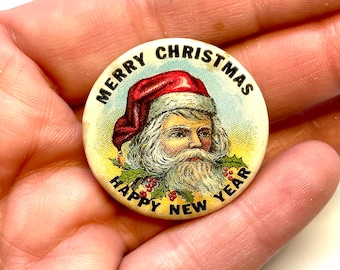 Vintage 40's Advertising Celluloid Pinback Santa Claus " Merry Christmas Happy New Year " Button Pin Brooch