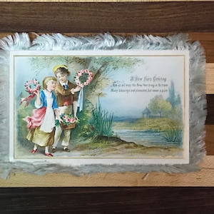 Victorian Greeting Card, Silk Fringe Border, New Years, Chromolithography, Embossed, Ephemera, Scrapbook, Double-Sided, c1880-1900