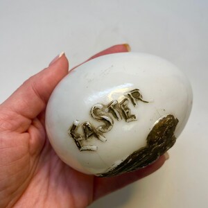 Victorian Milk Glass Easter Egg with Repoussé Chick and Words, Hand Blown, Easter Decor, 1910 image 4