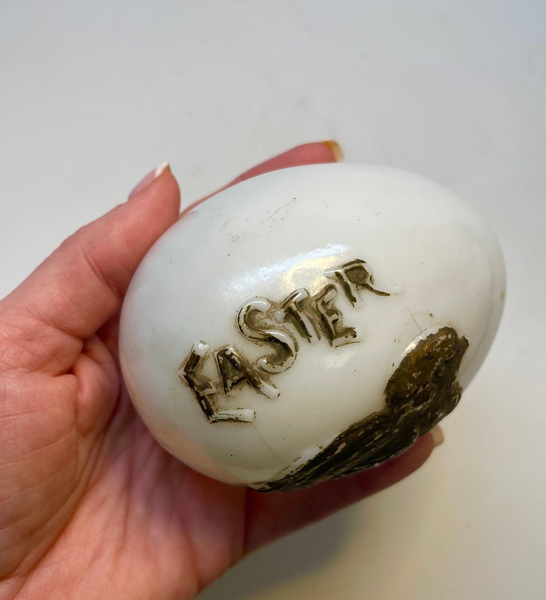 Victorian Milk Glass Easter Egg with Repoussé Chick and Words, Hand Blown, Easter Decor, 1910 image 4