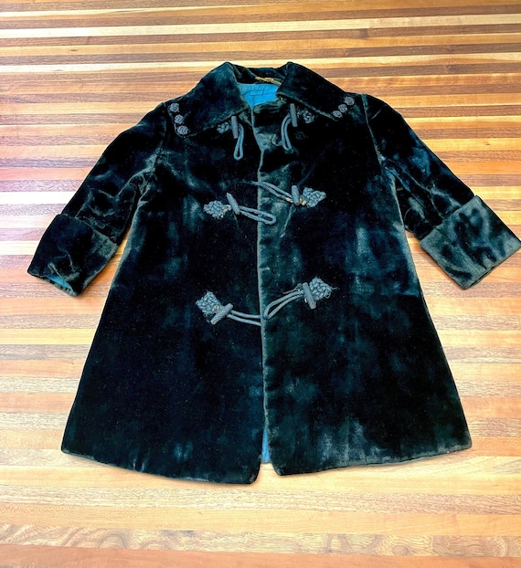 Edwardian Childs Silk Velvet Coat, Black, Blue Si… - image 1