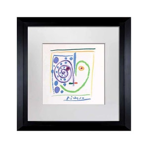 Pode incluir: Uma impressão de arte abstrata emoldurada que apresenta um rosto colorido com um olho em espiral, pontos azuis e linhas verdes. A assinatura do artista é visível no canto inferior direito.