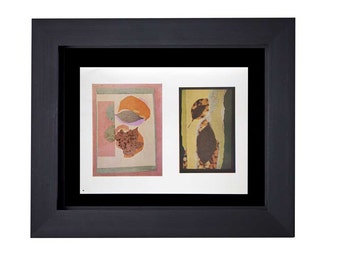 May include: Two framed pieces of art with a collage of dried leaves and paper in shades of brown, orange, pink, and green.