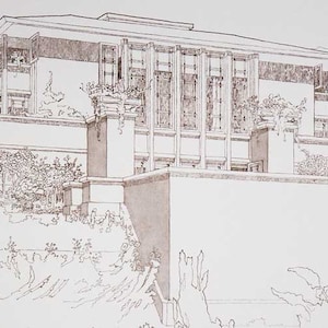 Puede incluir: Un dibujo en blanco y negro de una casa moderna con techo plano y grandes ventanas. La casa está rodeada de árboles y arbustos.