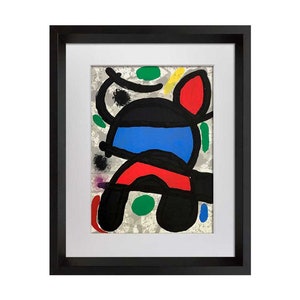 ジョアン・ミロ作、オリジナルサイン入りリトグラフ：抽象水彩画、額装