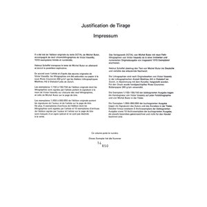 May include: A printed page with the title "Justification de Tirage" and "Impressum". The text is in French and German, detailing the creation of lithographs by Victor Vasarely and Michel Butor. The number "14" and "850" are at the bottom.