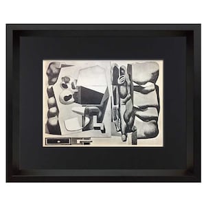 May include: A black and white print of a cubist style artwork featuring geometric shapes and a figure. The artwork is framed in a black frame.