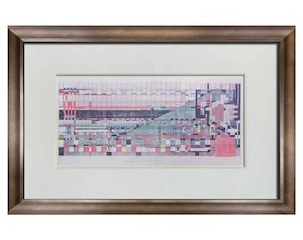 Litografía de Frank Lloyd Wright, edición limitada numerada. Cortina del Teatro Hillside con marco.
