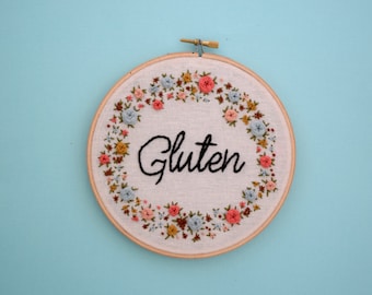 Gluten, Gluten Love, I Love Gluten, Gluten Jokes, Dad Jokes, Pun, Punny, Embroidery, Wall Art, Embroidery Decor, Floral Wreath, Celiac, Puns