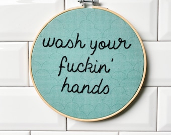 Wash Your Hands, Wash Up, bathroom embroidery, washroom embroidery, kitchen sink, embroidery, tongue in cheek, needlepoint