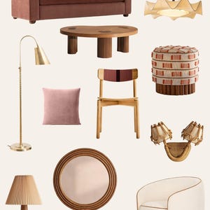 May include: An assortment of interior design elements. Features a dusky pink velvet sofa, a circular wooden coffee table, a gold floor lamp, a pink cushion, a wooden chair with a burgundy back, a patterned ottoman, a ceiling light, a woven wall sconce, a wooden lamp, a round mirror, a serving tray, and a white armchair.
