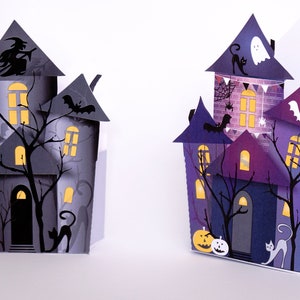 Halloween House, Spooky Haunted House paper house, grey & purple, candy box corn, trick or treat greeting card, decoration, party favor