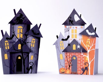 Halloween House, Spooky Haunted House paper house, luminary, candy box corn, trick or treat greeting card, decoration, party favor