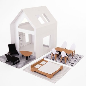 Casa di carta, casa delle bambole, stampabile, regalo fai da te per ragazza, pagine da colorare, set completo kassiia serie 01 casa delle bambole moderna e mobili di metà secolo,