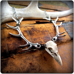 Antler & Skull Necklace ~ silver or brass deer antlers w/ carved raven bird skull ~ Viking Witchy Gothic Jewelry Renaissance Faire Accessory