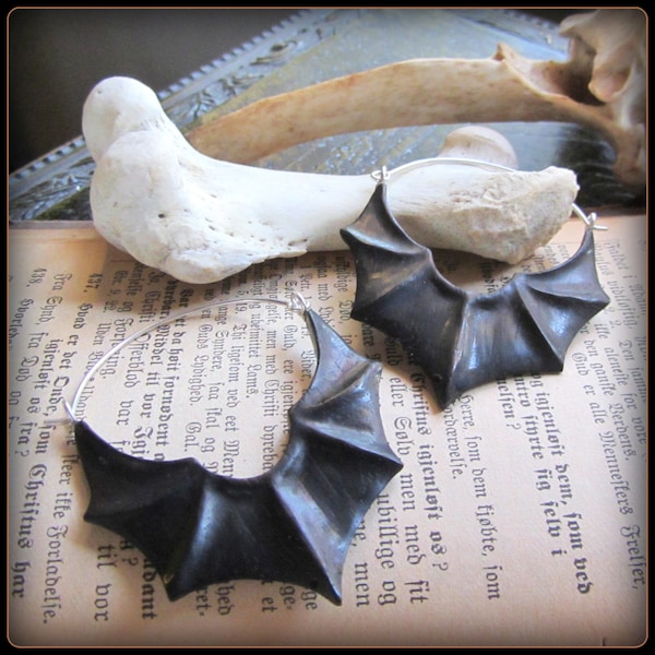 Vampire batwing earrings, black carved gothic Witch earrings, bat wing hoops, layer with gauges and tunnels, dark mori jewelry, witchy style