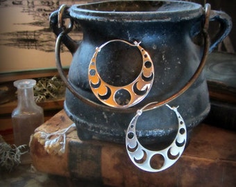 Moon Hoop Earrings ~ Crescent Moon Phase Jewelry ~ Silver Gauges ~ Tribal Belly Dance Festival Earrings ~ Witchy Occult Jewelry Witchcraft