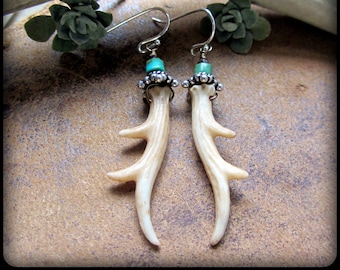 Deer antler earrings w/ turquoise & silver, Natural organic bone jewelry, taxidermy jewelry, oddities, Wiccan Witch earrings, bone earrings