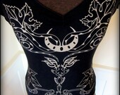 Witchy Women 39 s Pagan goddess Shirt Snakes, Vines, Crescent Moon, Nu Goth Thumb Hole w Cold Shoulder Witch Dark Fusion Belly Dance