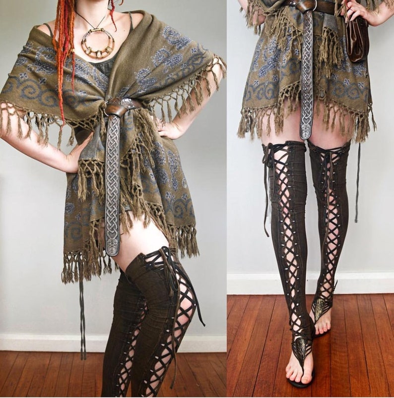 Steampunk Women’s Pants, Leggings & Bloomers     Leg Warmers Steampunk leggings Viking thigh highs post apocalyptic Burning Man clothing cotton lycra yoga dance legwarmers Wasteland $39.00 AT vintagedancer.com