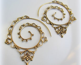 Brass Tribal Spiral Earrings ~ like fake gauges ~ fits regular piercing ~ choice of brass or silver ~ festival belly dance style