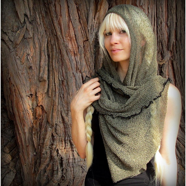 Festival Hood Cowl ~ Post Apocalyptic Burning Man Playa Wear ~ Sheer Knit Mesh Sweater Poncho Scarf  ~ Khaki Green, White Cream, Black,