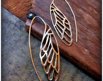 Wing Earrings in Gold Brass ~ dragonfly, butterfly, cicada wings ~ art nouveau inspired symbol of renewal and transformation ~ nature garden