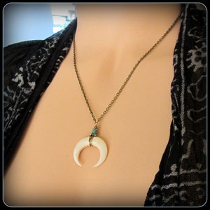 Moon Necklace, crescent moon pendant, wood, bone, black horn, silver & turquoise, witchy, pagan, Goddess, Wiccan jewelry Halloween gift image 6