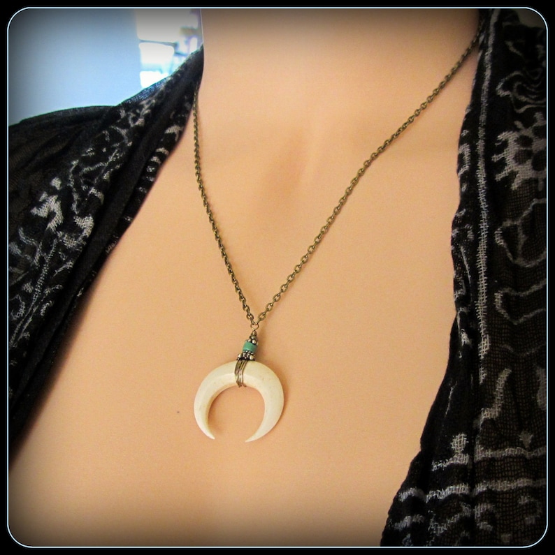 Moon Necklace, crescent moon pendant, wood, bone, black horn, silver & turquoise, witchy, pagan, Goddess, Wiccan jewelry Halloween gift image 6