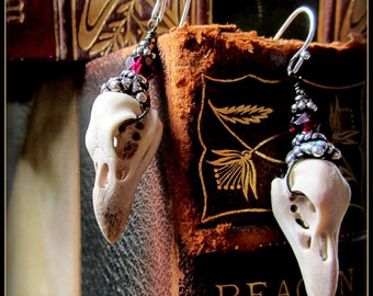 Raven Bird earrings Yule Gift ~ Carved antler stronger than real skulls ~ gothic garnet, silver ~ creepy oddities taxidermy Viking jewelry