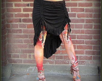 Hi Lo Festival Skirt ~ Black Teal Burgundy Red ~ Boho Belly Dance Fusion Steampunk Festival Clothing Burning Man Style ~ Ruching Ruched