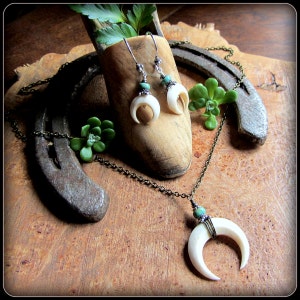 Moon Necklace, crescent moon pendant, wood, bone, black horn, silver & turquoise, witchy, pagan, Goddess, Wiccan jewelry Halloween gift image 3
