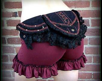 Steampunk Utility Belt ~ Bustle Pockets Leg Thigh Holster Garter Burning Man ~ Stripes Lace Ruffles Brass ~ Red Purple Brown Cosplay Circus
