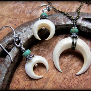 Moon Necklace, crescent moon pendant, wood, bone, black horn, silver & turquoise, witchy, pagan, Goddess, Wiccan jewelry Halloween gift image 5