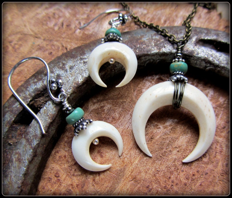 Moon Necklace, crescent moon pendant, wood, bone, black horn, silver & turquoise, witchy, pagan, Goddess, Wiccan jewelry Halloween gift image 5