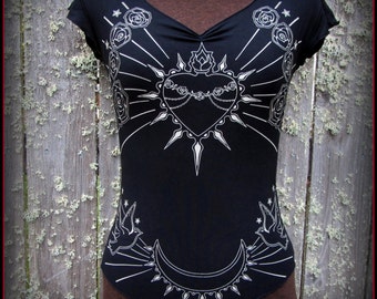 Goddess Virgin Mary Occult Tattoo Shirt ~ Immaculate Heart Crescent Moon Doves Symbol ~ Black or Blue Sexy Clingy Knit