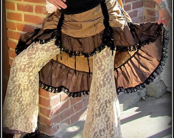 Brown Steampunk Bustle Skirt ~ Airship Pirate, Gothic Burlesque, Belly Dance, Choice of Brown Tones, Black Lace Ruffles ~ Cosplay costume