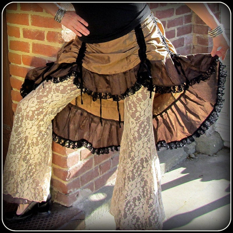 Brown Steampunk Bustle Skirt ~ Airship Pirate, Gothic Burlesque, Belly Dance, Choice of Brown Tones, Black Lace Ruffles ~ Cosplay costume